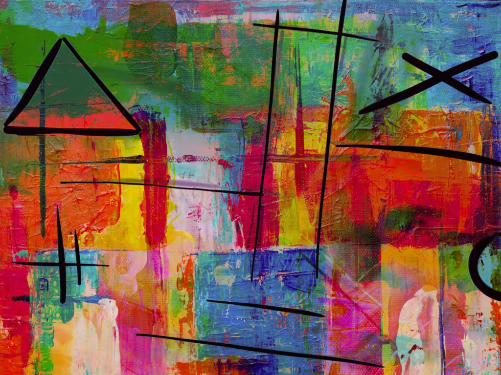 An abstract painting featuring a vibrant, textured composition of overlapping patches of bright orange, red, yellow, blue, and green paint. Dark, bold black lines are drawn across the canvas in various directions, including a prominent triangle shape on the left and several straight, crossing lines that create a sense of movement and visual tension.