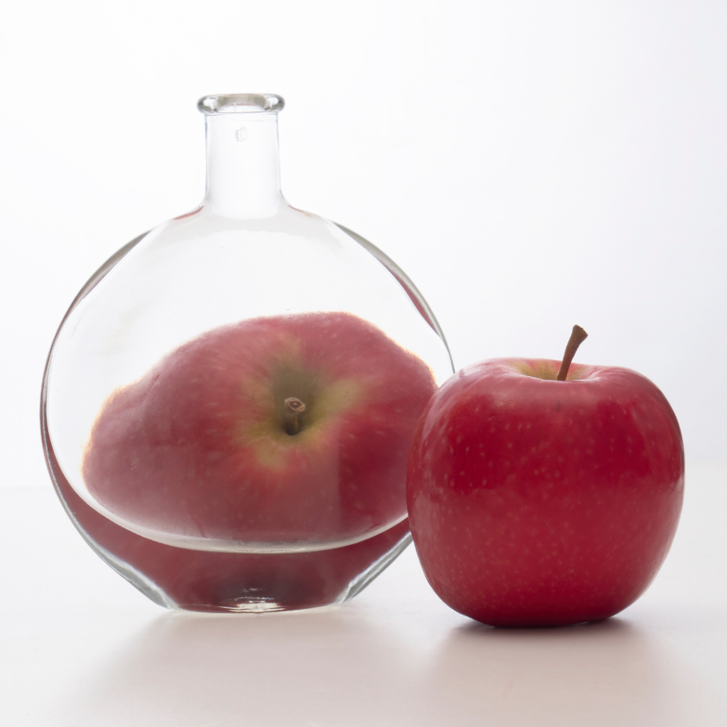 A vibrant red apple sits next to a clear glass vase containing another red apple, both set against a clean, plain white background.
