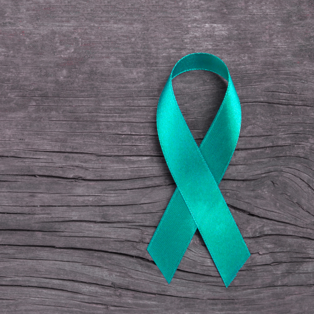 A vibrant teal awareness ribbon rests against a textured, grey-brown barn wood background, centered horizontally in the frame.