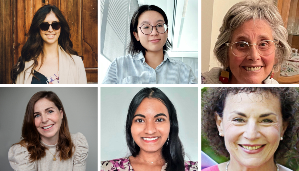 A collage of six portrait photos featuring Eli's Place volunteers, arranged in two rows. Top row, from left to right: a woman with dark wavy hair wearing sunglasses and a blazer; a person with short dark hair and round glasses wearing a light blue shirt; a woman with short, light-colored hair and glasses wearing a colorful patterned top. Bottom row, from left to right: a woman with shoulder-length brown hair and a white top; a woman with long, dark hair wearing a floral top; a woman with curly, dark hair wearing a pink top.
