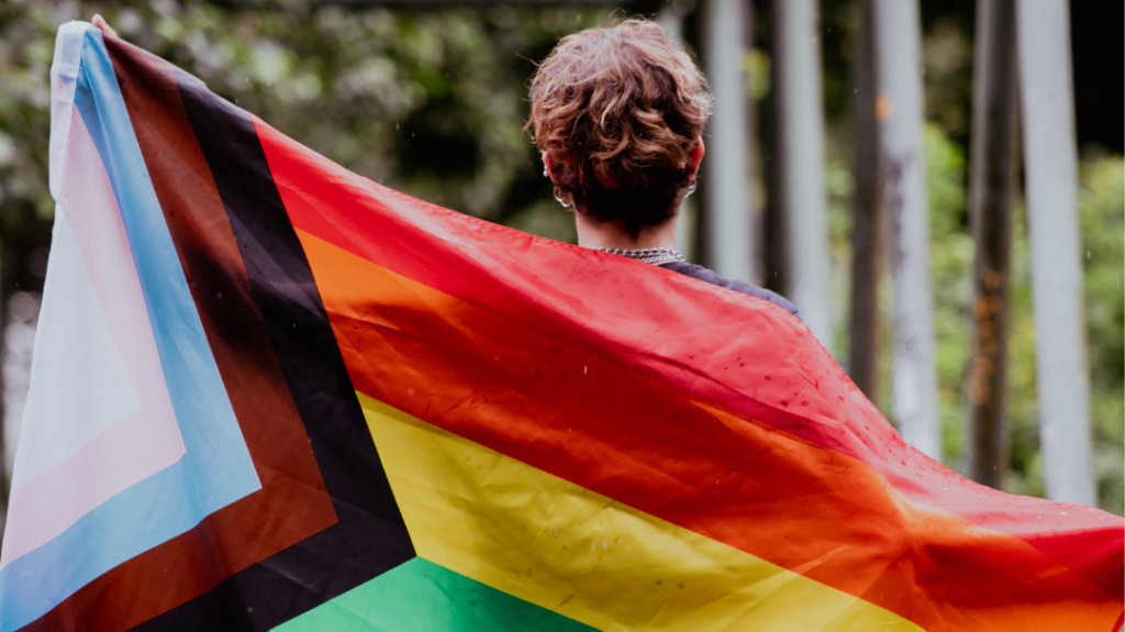 A view from behind of a person with short brown hair, wearing a Progress Pride flag draped over their shoulders like a cape.