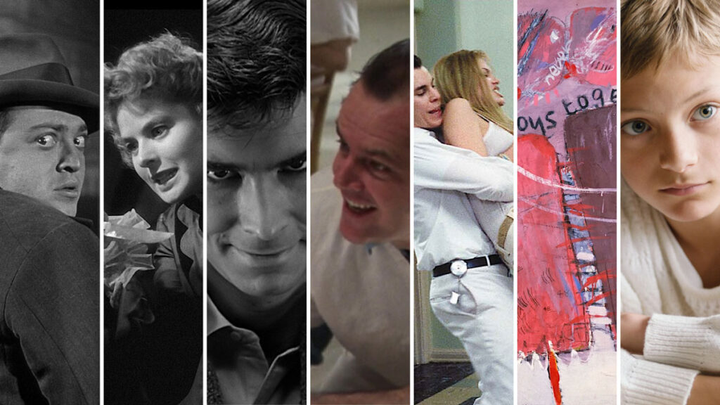 A cinematic collage consisting of seven vertical film-strip panels, displaying iconic movie stills and artwork related to mental health in film. From left to right, the panels feature: 1. A black-and-white profile of Peter Lorre looking terrified in "M" (1931). 2. A tense black-and-white close-up of Ingrid Bergman in "Gaslight" (1944). 3. A creepy, wide-eyed close-up of Anthony Perkins smiling in "Psycho" (1960). 4. A brightly lit shot of a smiling Jack Nicholson among other patients in "One Flew Over the Cuckoo's Nest" (1975). 5. A chaotic hospital corridor scene from "Girl, Interrupted" (1999) showing a patient being restrained. 6. The colorful abstract expressionist painting featuring the text "we 2 boys together clinging". 7. A close-up of a young man with light eyes looking directly forward with a serious expression.