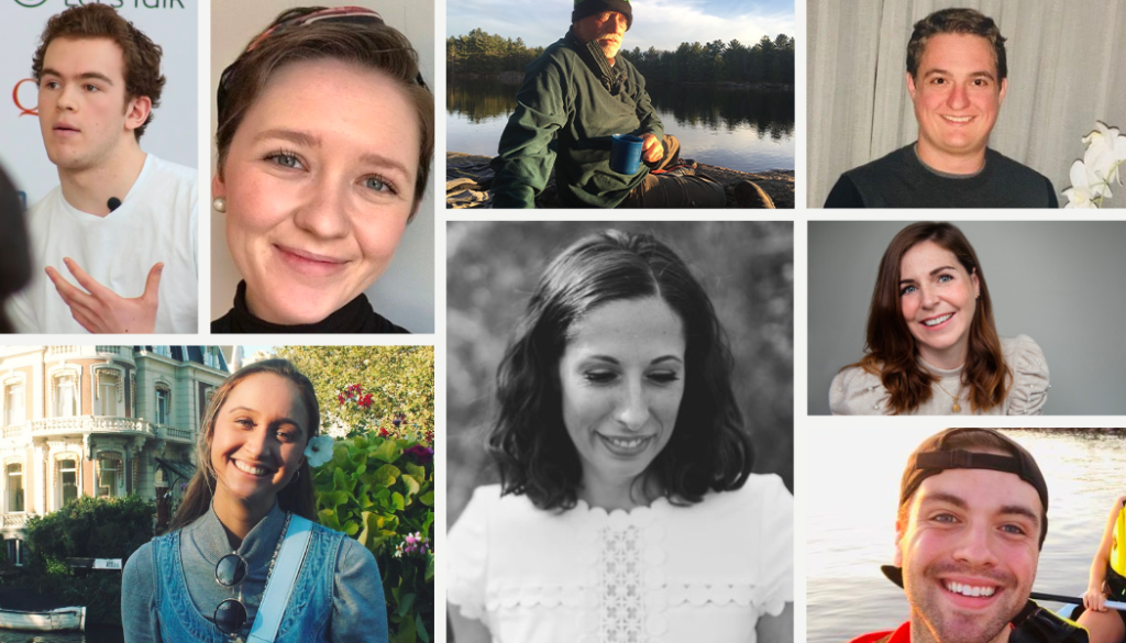 A panoramic photo containing four individual headshots of the Eli's Place team members, arranged side-by-side. The images are partially cropped at the top, showing the upper portions of their faces and heads against a transparent checkerboard background grid. From left to right, the slivers of the portraits show a man with short brown hair, a woman wearing a colorful headband, an older man wearing a dark winter beanie outdoors, and another man with short brown hair.