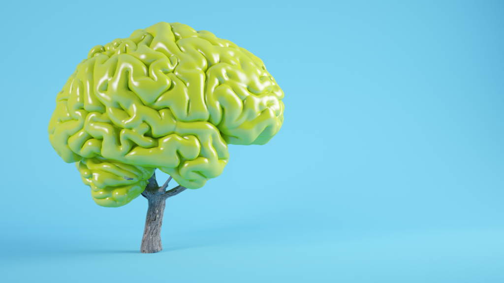 A graphic against a bright blue background featuring the top half of a stylized, bright green human brain shaped like the canopy of a tree.