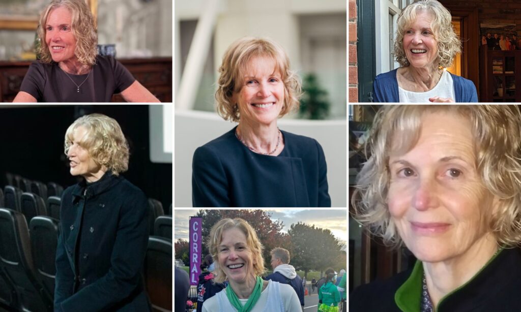 A photo collage featuring six different portrait snapshots of a woman with short-to-medium blonde and gray hair, capturing her in various cheerful settings. The images include casual outdoor moments, smiles at indoor gatherings, and a snapshot at a public event.
