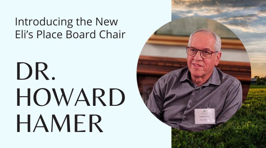 A website graphic titled "Introducing the New Eli’s Place Board Chair DR. HOWARD HAMER" in bold, dark text against a light pale blue background on the left. The right side features a circular cropped photo of Dr. Howard Hamer, a smiling man with short grey hair and glasses wearing a grey button-down shirt and a name tag, layered over a scenic background of a green field under a sunset sky.