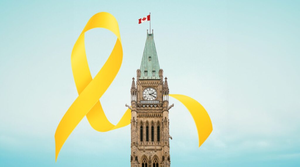 A symbolic yellow ribbon representing suicide prevention awareness superimposed over an image of the Peace Tower of the Parliament of Canada in Ottawa.