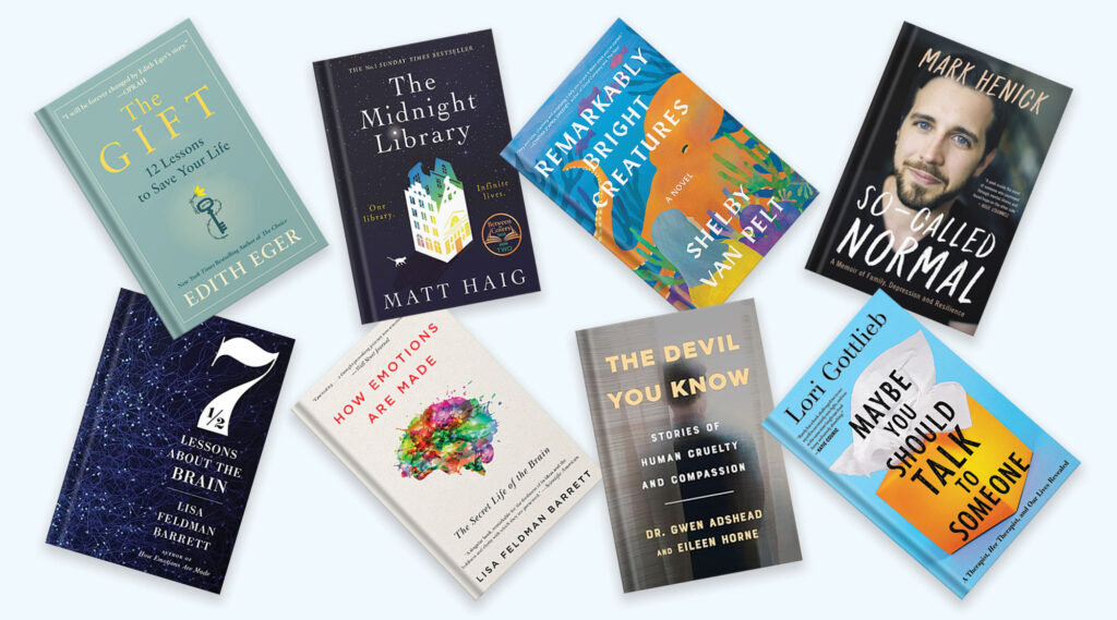 A collection of eight book covers for a summer reading list, including The Gift, The Midnight Library, Remarkably Bright Creatures, So-Called Normal, 7 1/2 Lessons About the Brain, How Emotions Are Made, The Devil You Know, and Maybe You Should Talk to Someone.