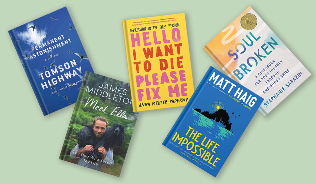 A promotional graphic for "Winter Reading Recommendations on Mental Health 2025," featuring book covers for "Permanent Astonishment," "Hello, I Want to Die Please Fix Me," "Soulbroken," "Meet Ella," and "The Life Impossible" arranged on a light green background.