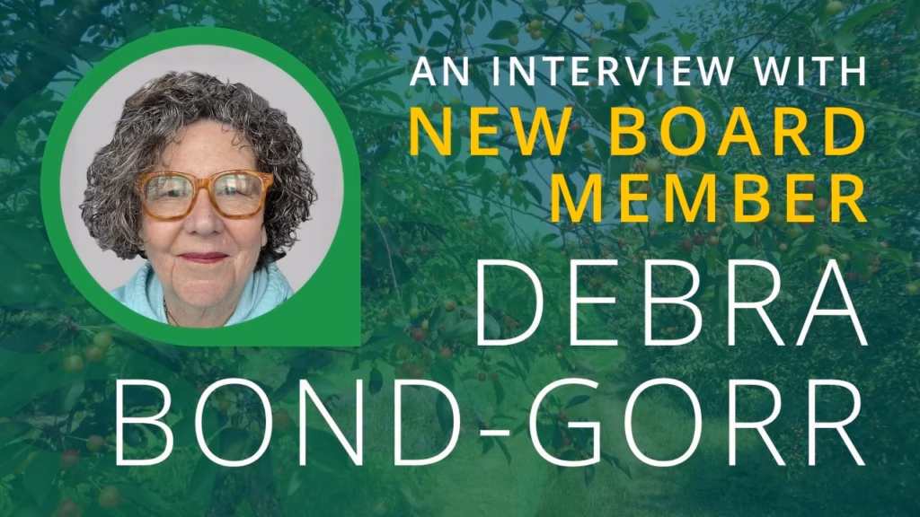 A promotional graphic for a blog post interview with new Eli's Place Board Member, Debra Bond-Gorr. The image features a professional portrait of Debra Bond-Gorr, a woman with shoulder-length hair, set against a green, tree-filled background, with the text "An Interview with New Board Member Debra Bond-Gorr" clearly displayed.