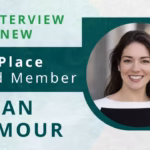 A promotional graphic featuring a circular portrait of Logan Seymour, a smiling woman with long dark hair, against an off-white background. The text on the left reads, "AN INTERVIEW WITH NEW Eli's Place Board Member LOGAN SEYMOUR."