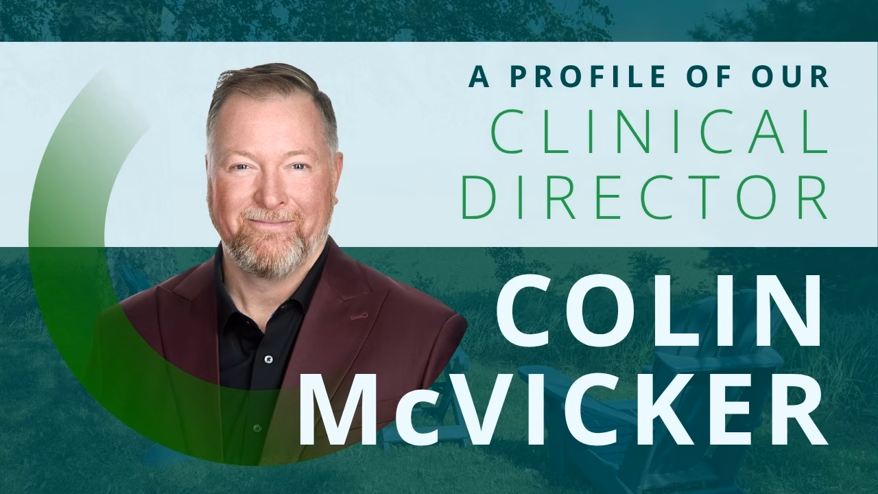 A graphic for an articl A Profile of our Clinical Director Colin McVicker with a photo of Colin in a grey swoosh circle.